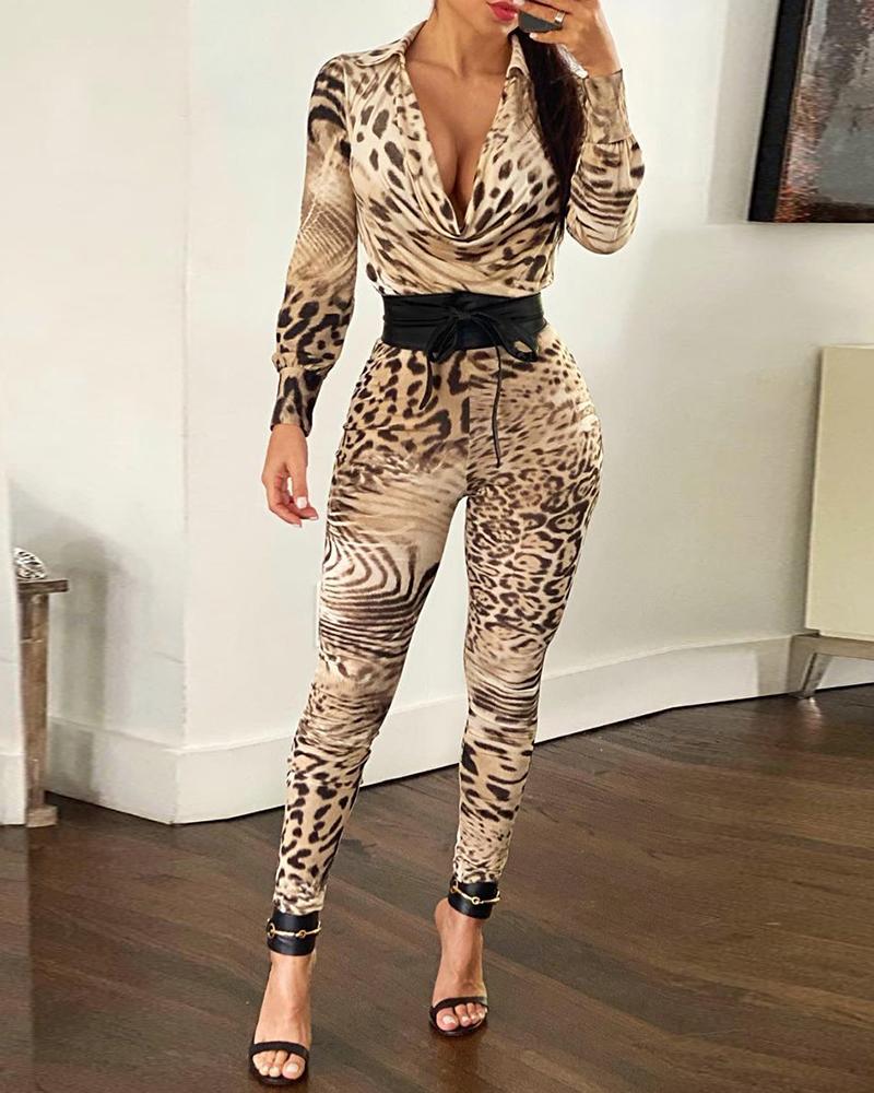 Animal Print Cowl Neck Skinny Jumpsuit