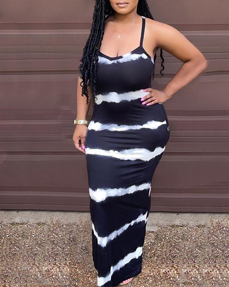 

U-Neck Tie Dye Print Spaghetti Strap Maxi Dress, Black