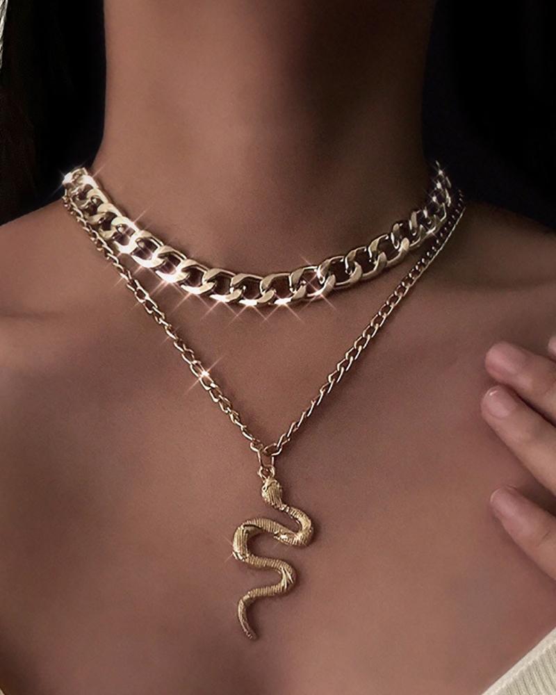 

Layered Chain Snake Shaped Pendant Necklace, Gold