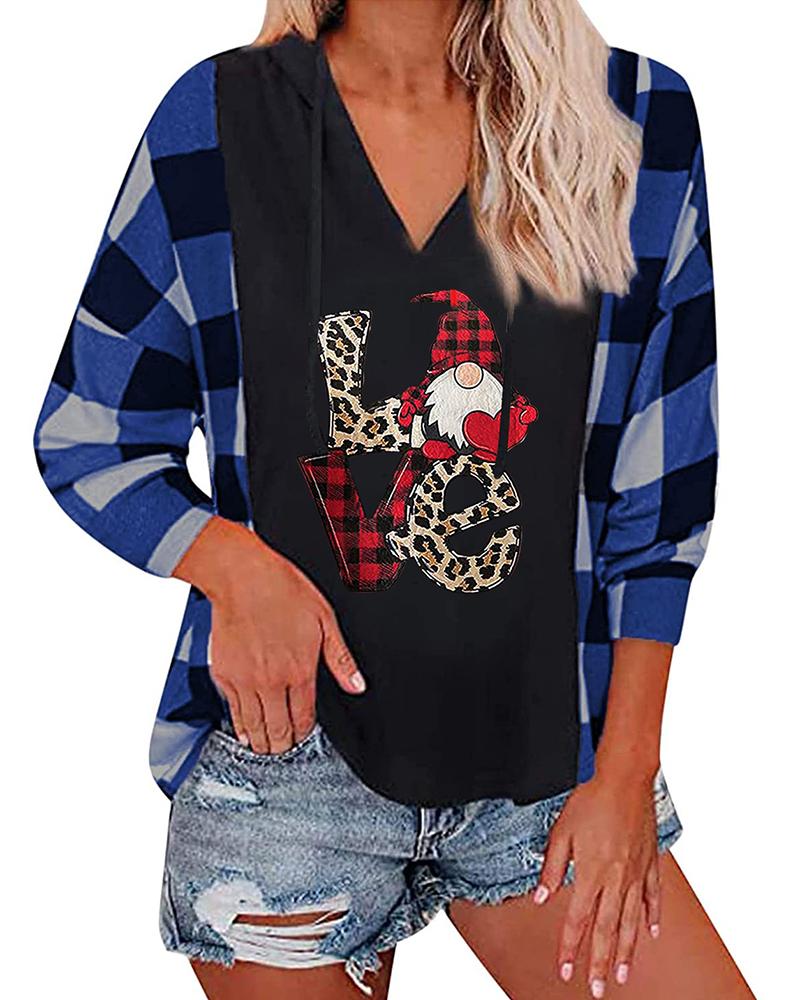 

Christmas Hooded Letter Plaid Print Drawstring Top, Blue