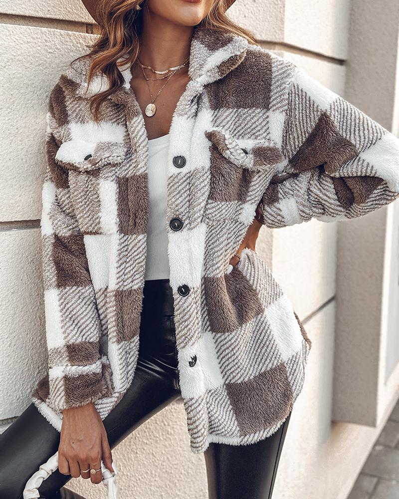 

Plaid Pattern Turn-down Collar Button Front Teddy Coat, Brown