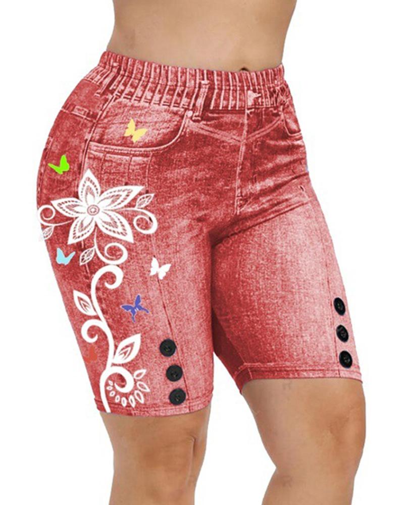 

Plus Size Floral Butterfly Denim Look Print High Waist Shorts, Red