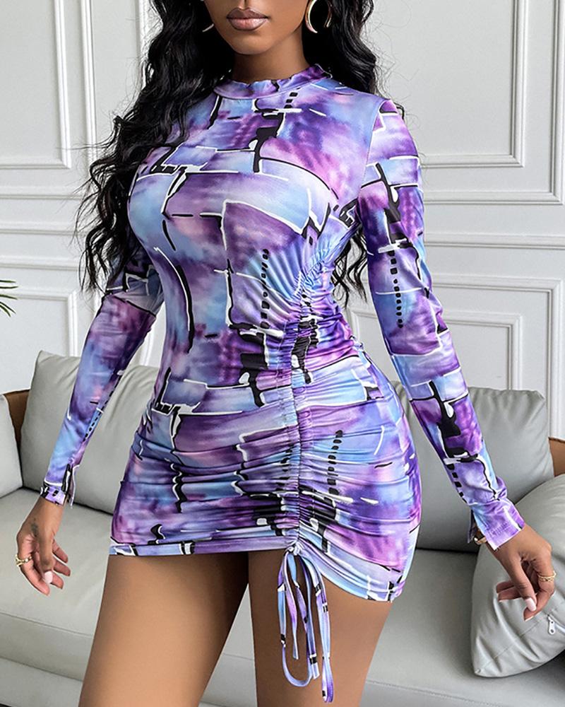 

Abstract Print Long Sleeve Drawstring Ruched Bodycon Dress, Purple