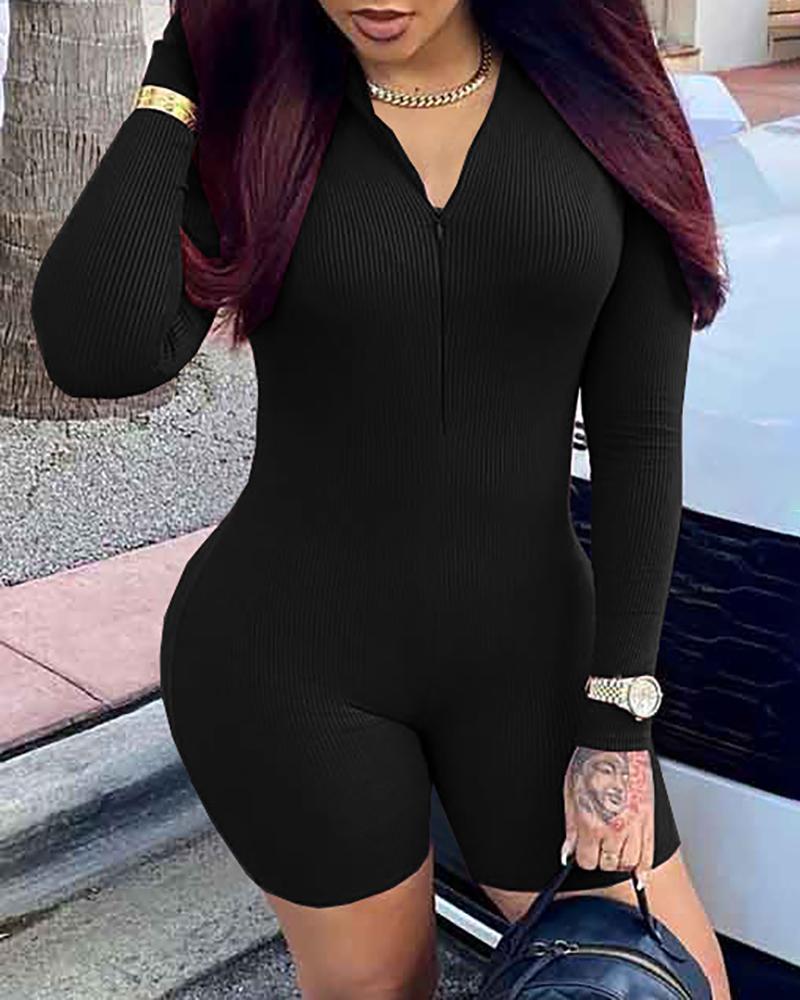 

Ribbed Long Sleeve Zipper Front Skinny Romper, Black