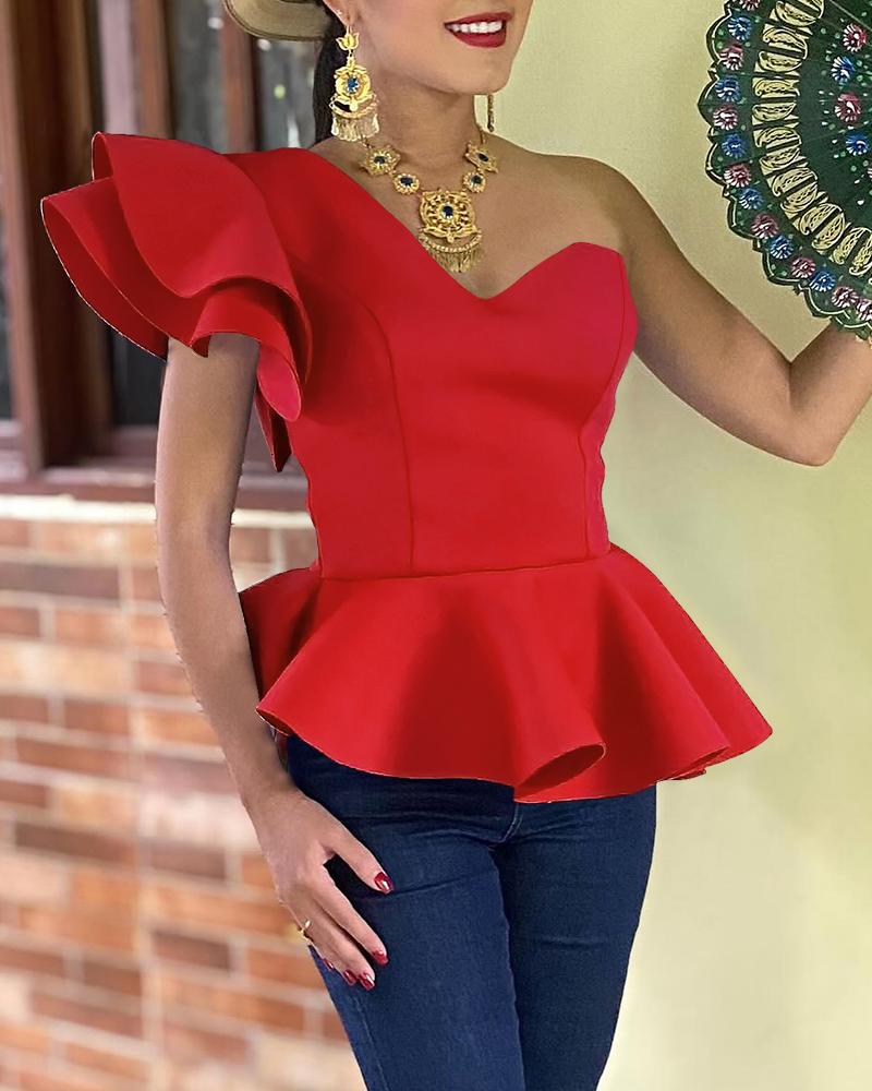 

Blusa elegante con cuello oblicuo, diseño de volantes y mangas onduladas, Blue