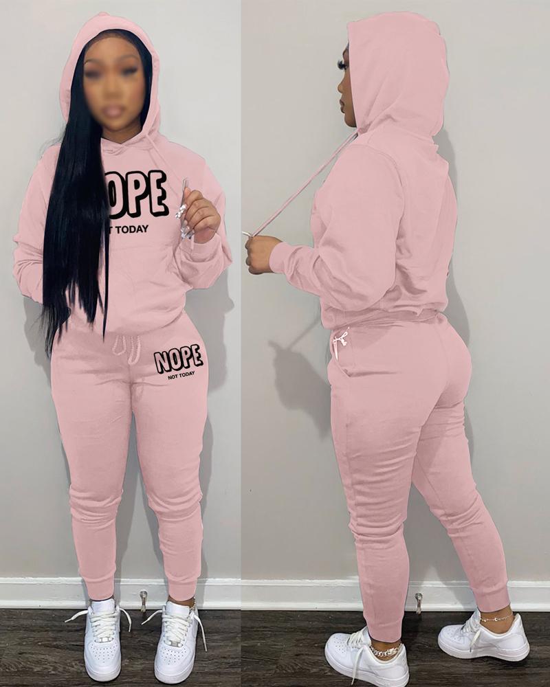

Letter Print Long Sleeve Casual Hoodie & Pants Set, Pink