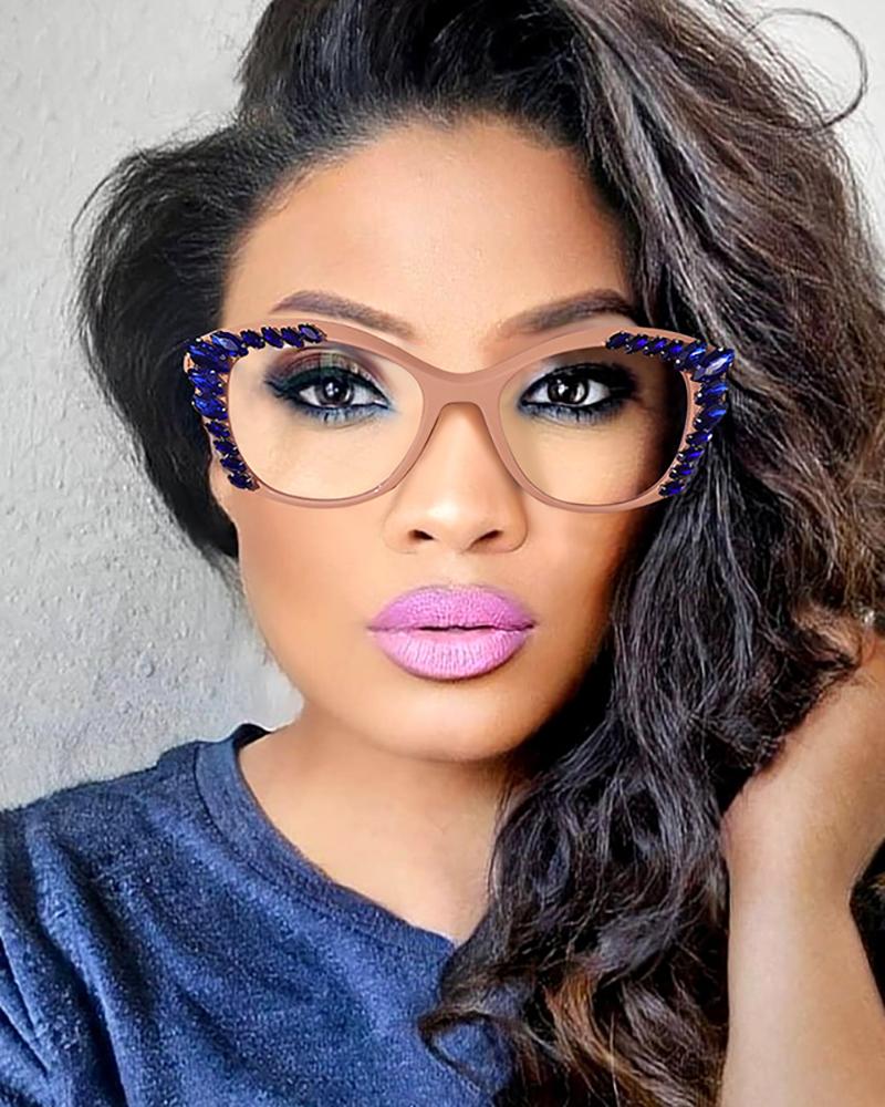 

1Pair Cat Eye Frame Rhinestone Decor Eyeglasses, Khaki