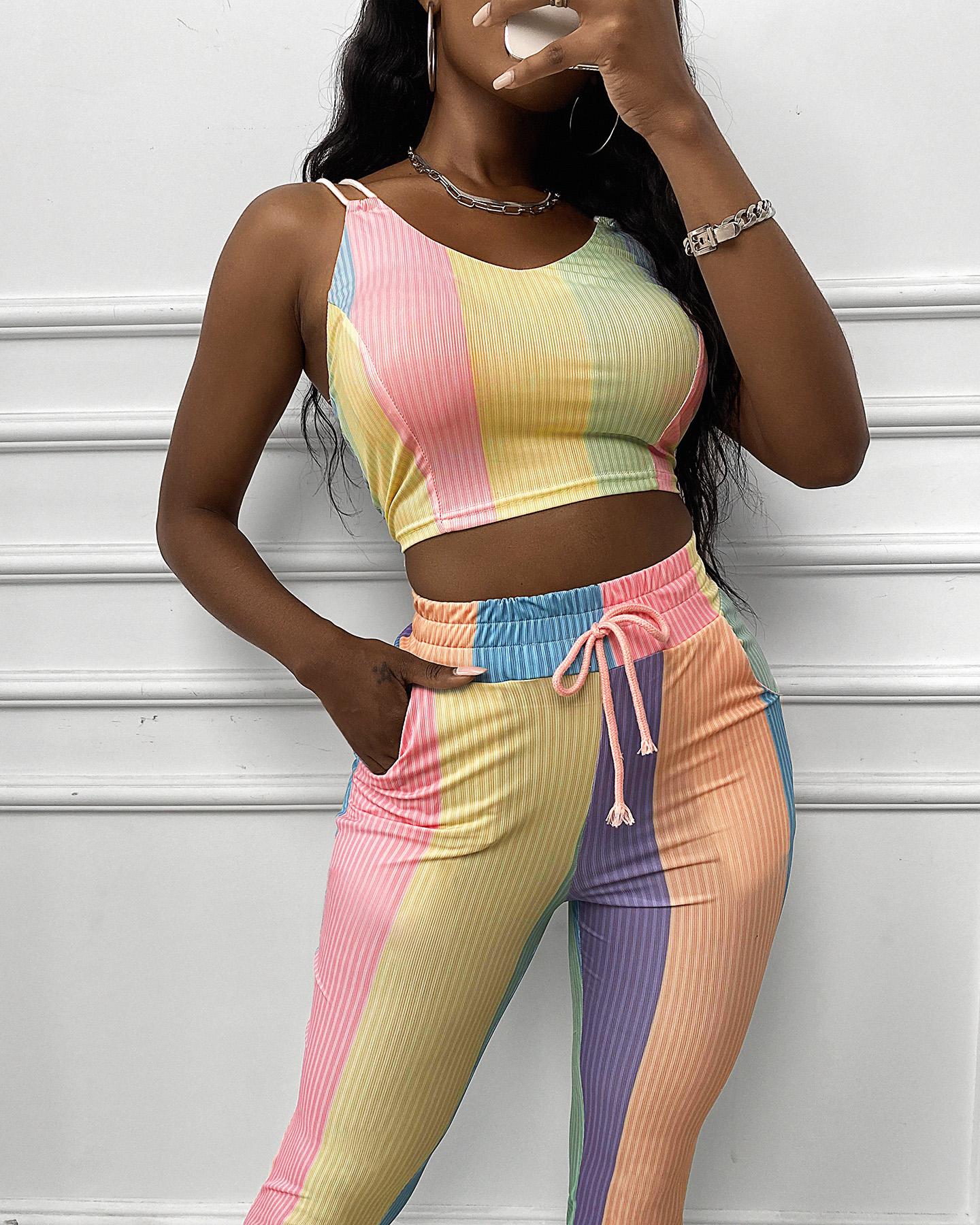 

Colorblock Spaghetti Strap Crop Top & Drawstring Pants Set, Multicolor