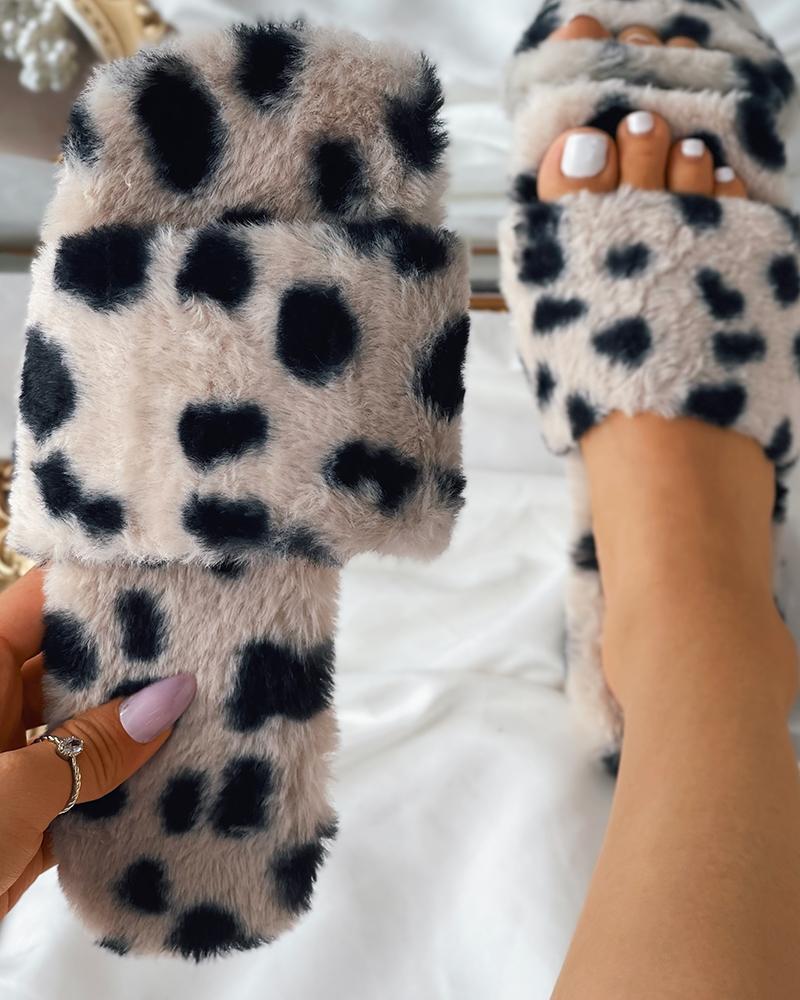 

Plain / Colorblock Square Toe Fluffy Slippers, Khaki
