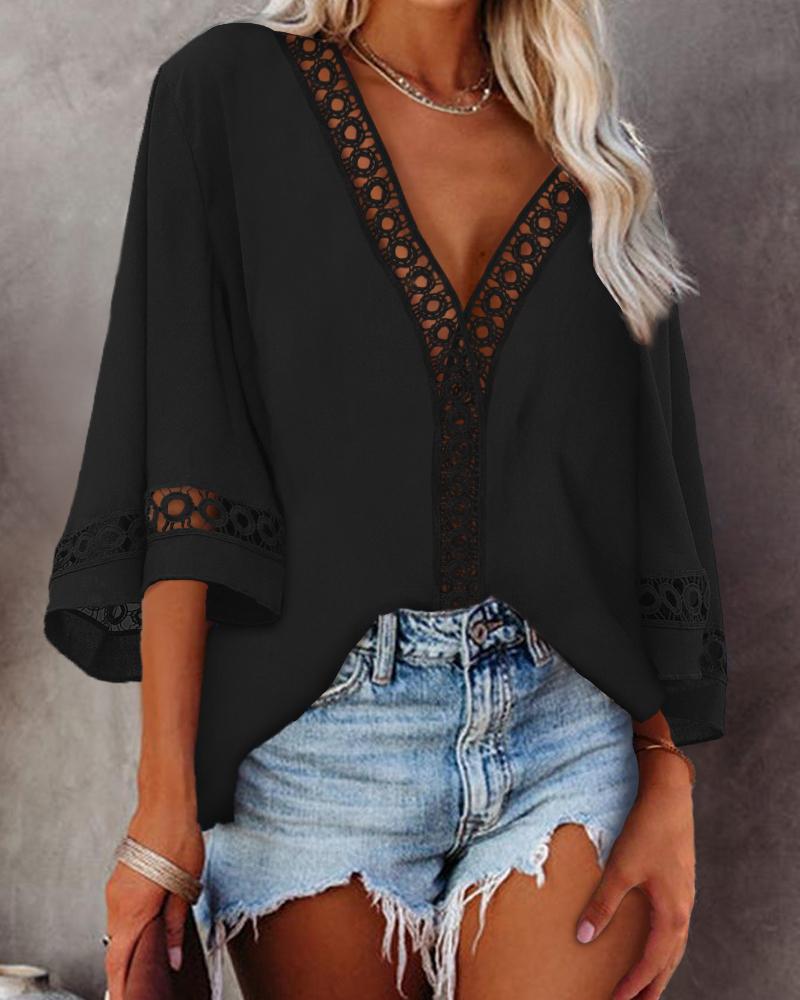 

Hollow-out Bell Sleeve V-Neck Top, Black