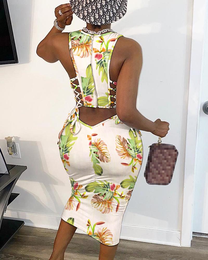 

Floral Print Back Lace-up Sleeveless Bodycon Dress, Multicolor