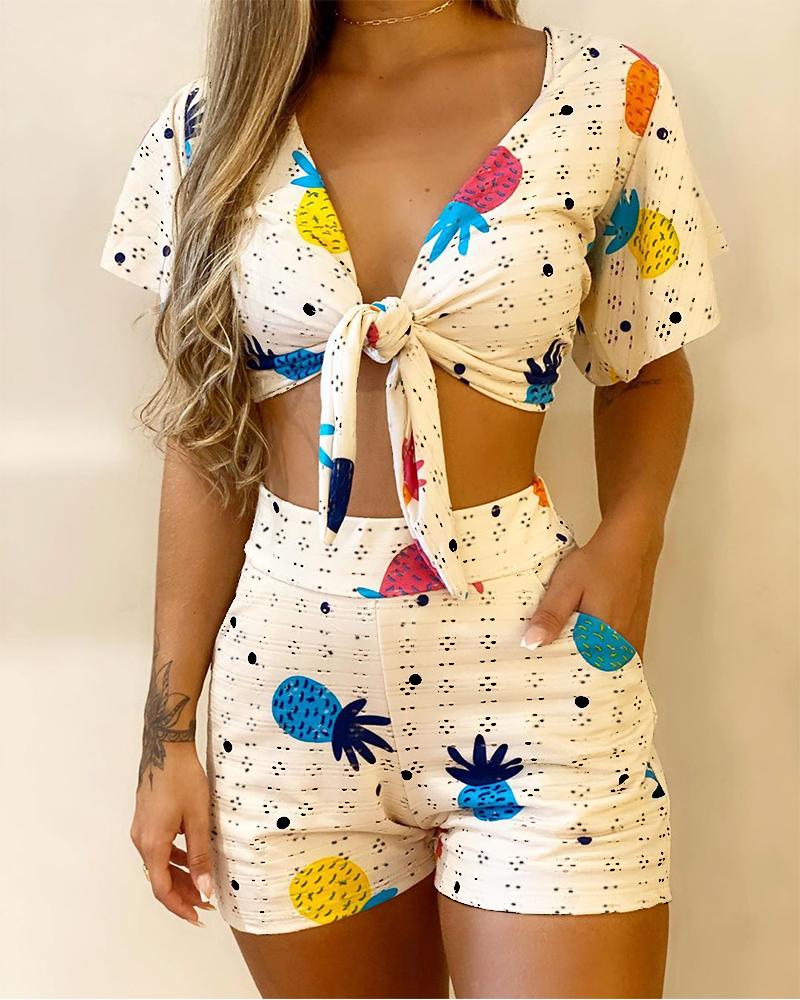 

V-Neck Tie Chest Print Two-Piece Set, White