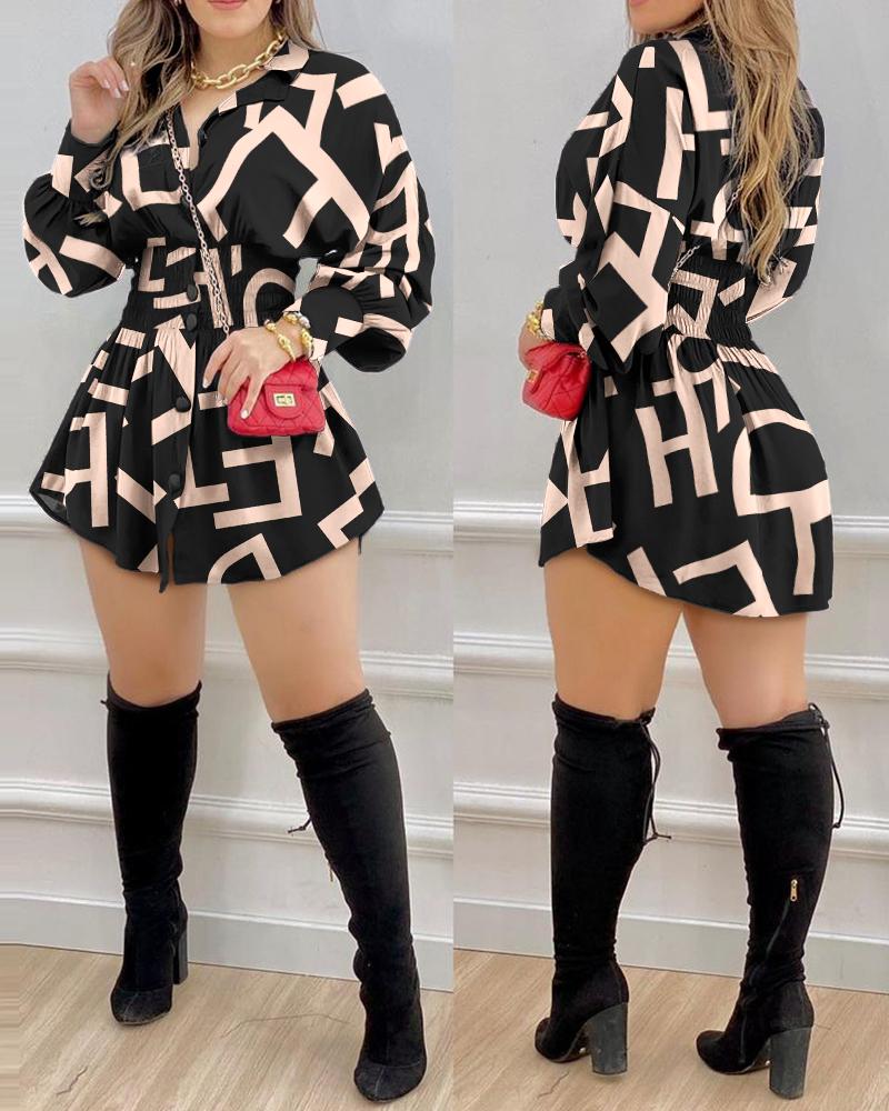 

Letter Print Shirred Lantern Sleeve Buttoned Shirt Dress, Black