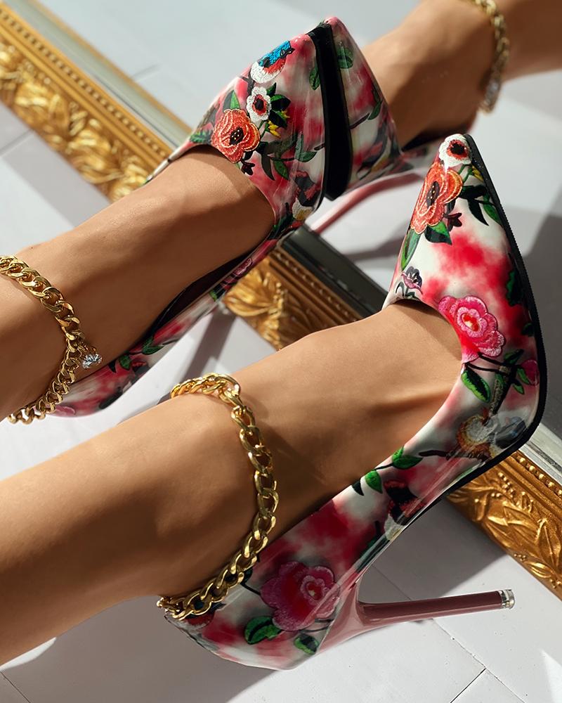 

Floral Pattern Stiletto Heel Pumps, Pink