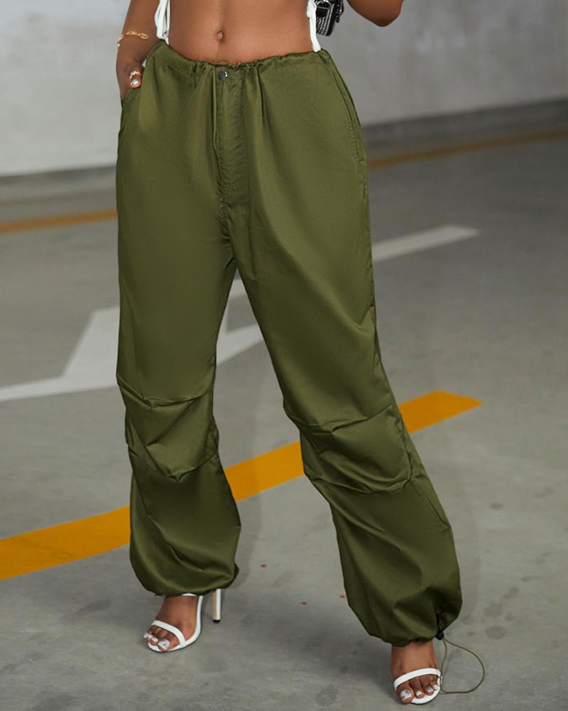 

Pocket Design Drawstring Cuffed Cargo Pants, Army green