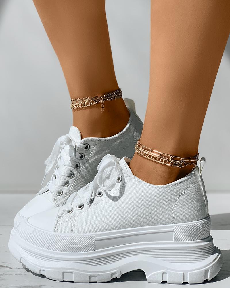 

Eyelet Lace-Up Canvas Muffin Sneaker, White
