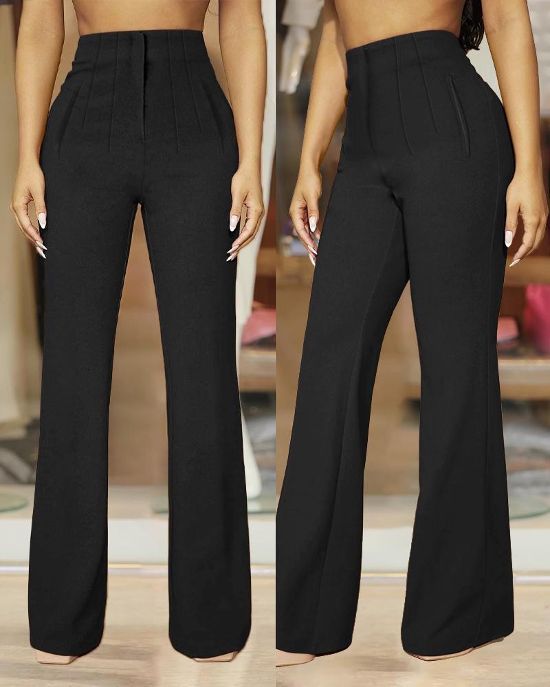 

High Waist Ruched Flared Work Pants, Black