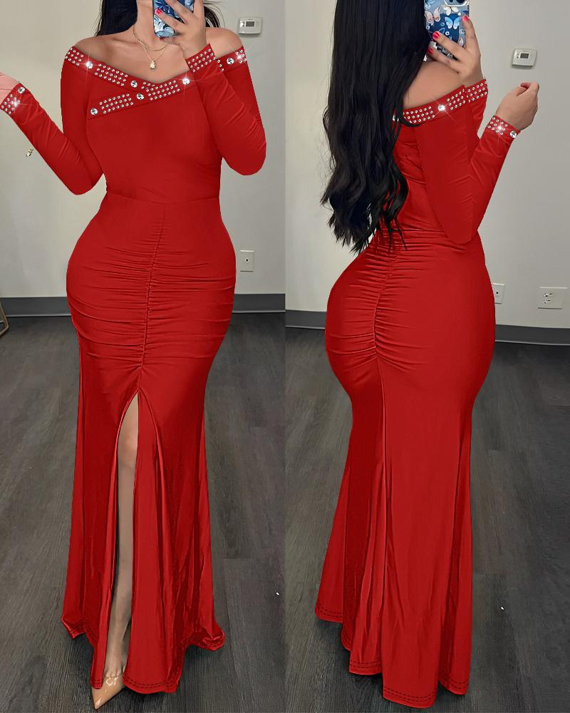 

Rhinestone Off Shoulder Slit Ruched Party Dress, Red