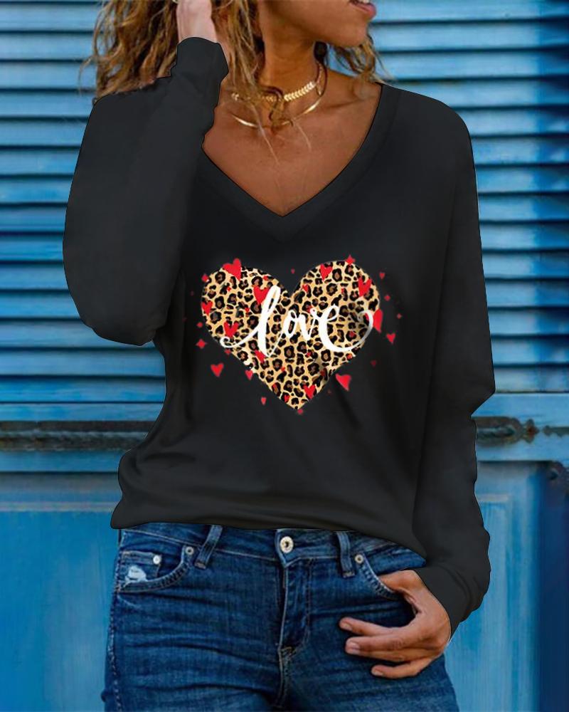 

Letter Heart Print Long Sleeve V-Neck Top, Black