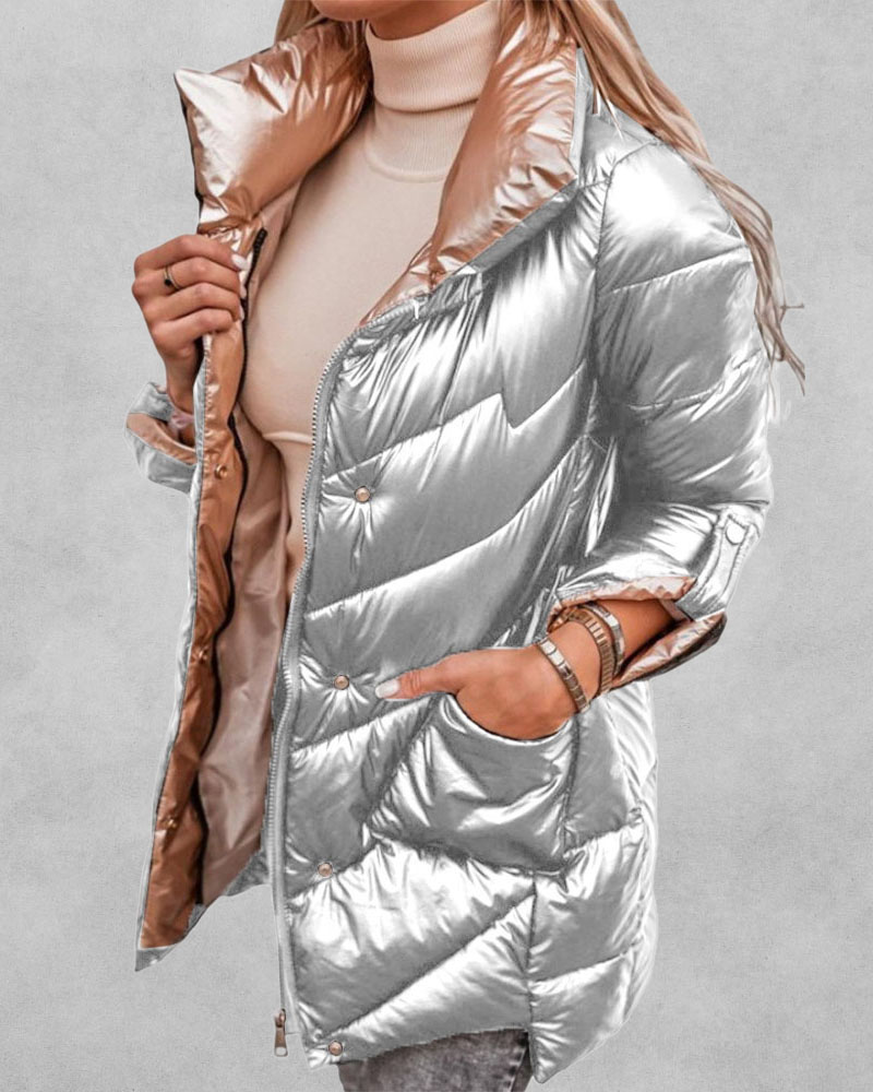 

Roll Up Sleeve Button Zip Front Puffer Coat, Silver