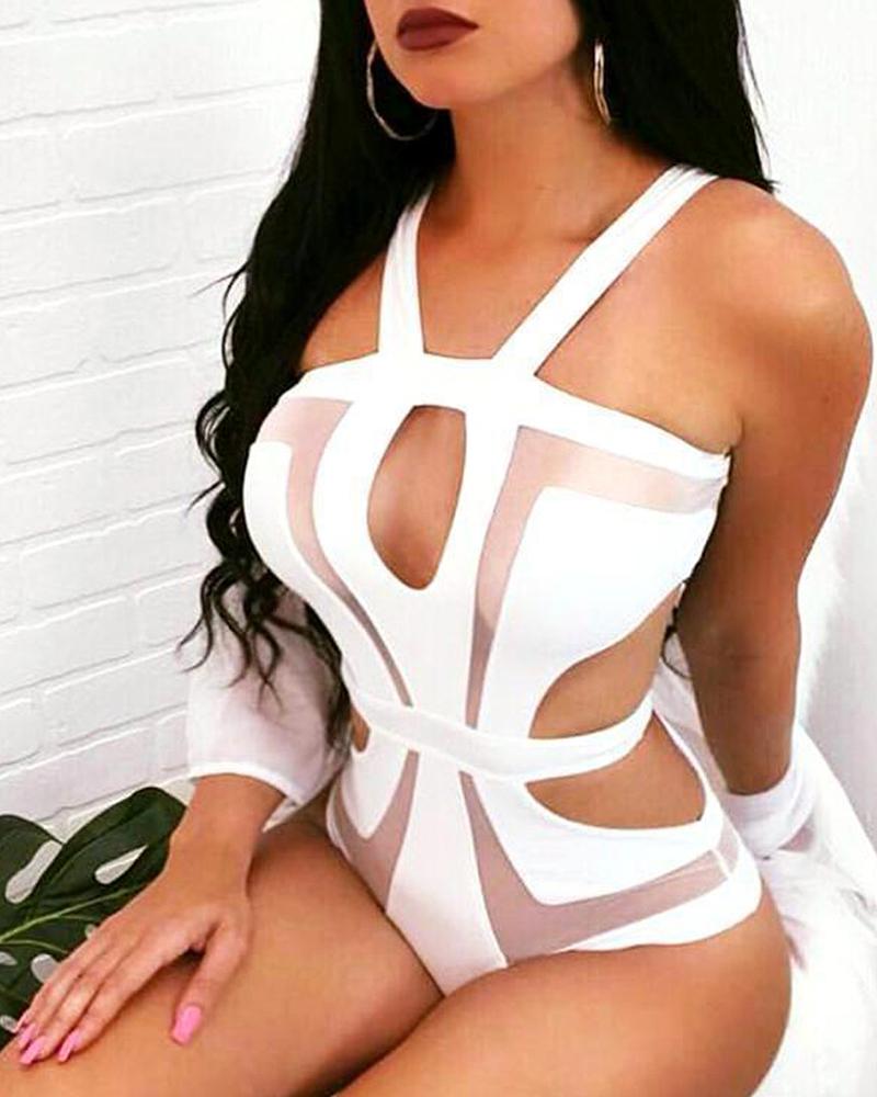 

Halter Sheer Mesh Cutout One Piece Swimsuit, White