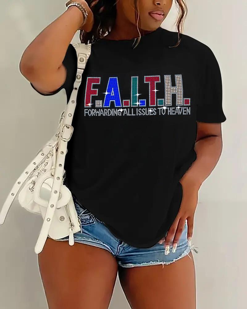 T-shirt Faith Forwarding All Issues To Heaven de Grande Taille avec Strass