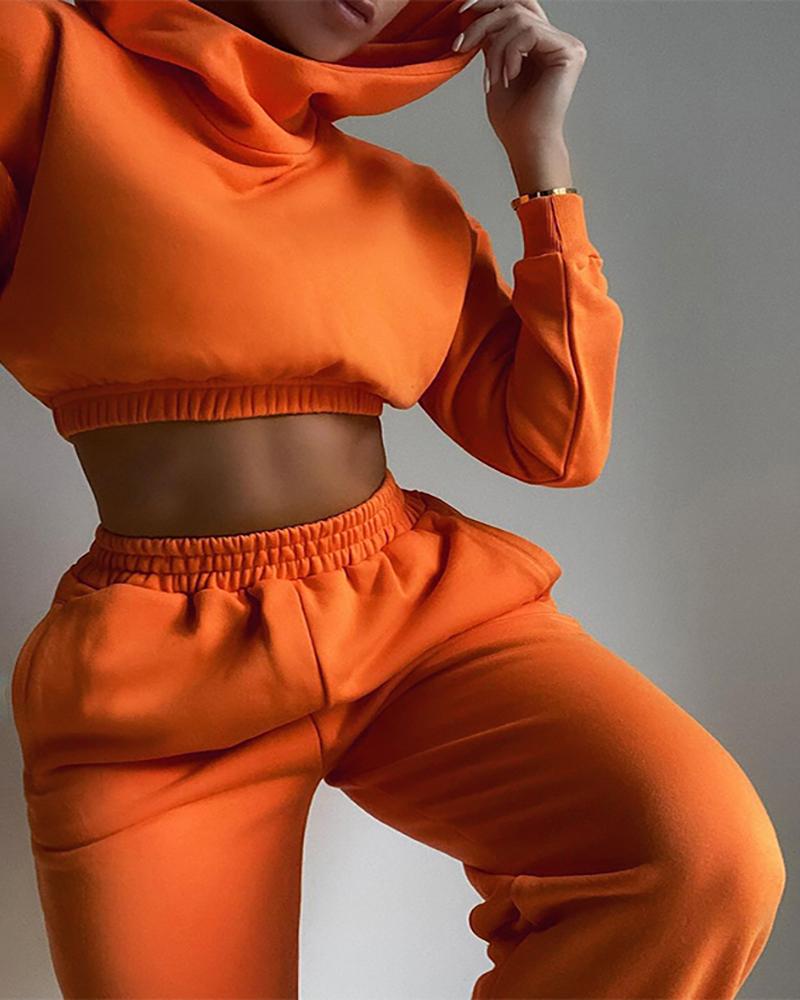 

Long Sleeve Hooded Sweatshirt & High Waist Pants Set, Orange