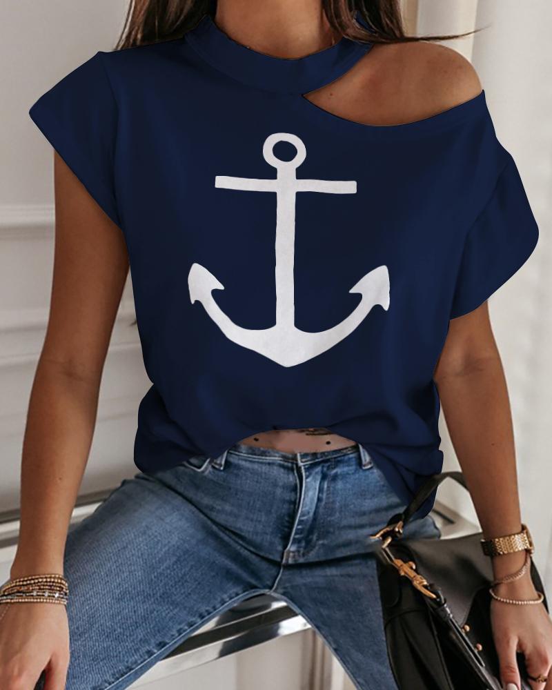 

Boat Anchor Print Cold Shoulder Casual T-shirt, Purplish blue