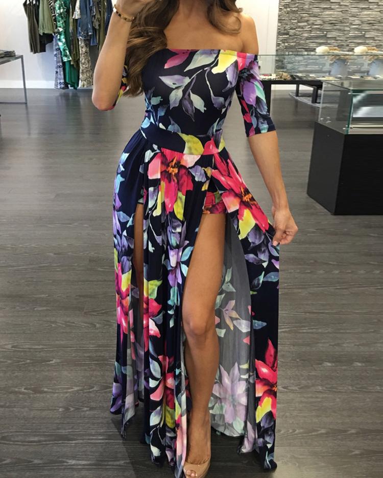 

High Slit Print Off Shoulder Maxi Romper Women Dress, Dark blue