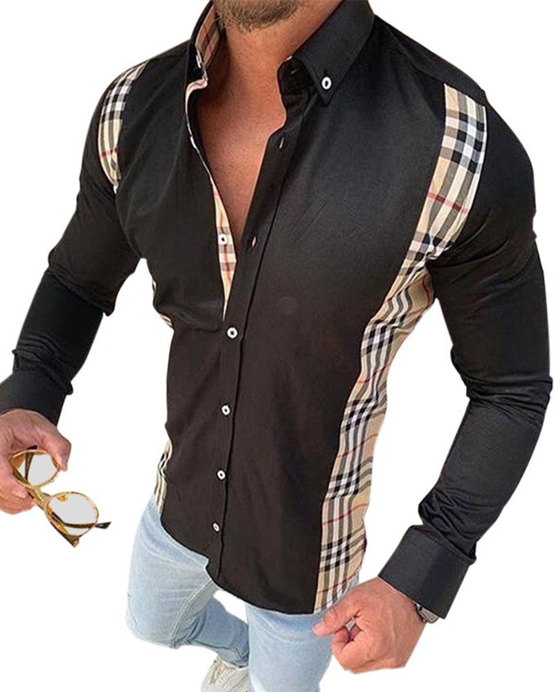 

Solid Color Splicing Check Print Long Sleeve Shirt, Black
