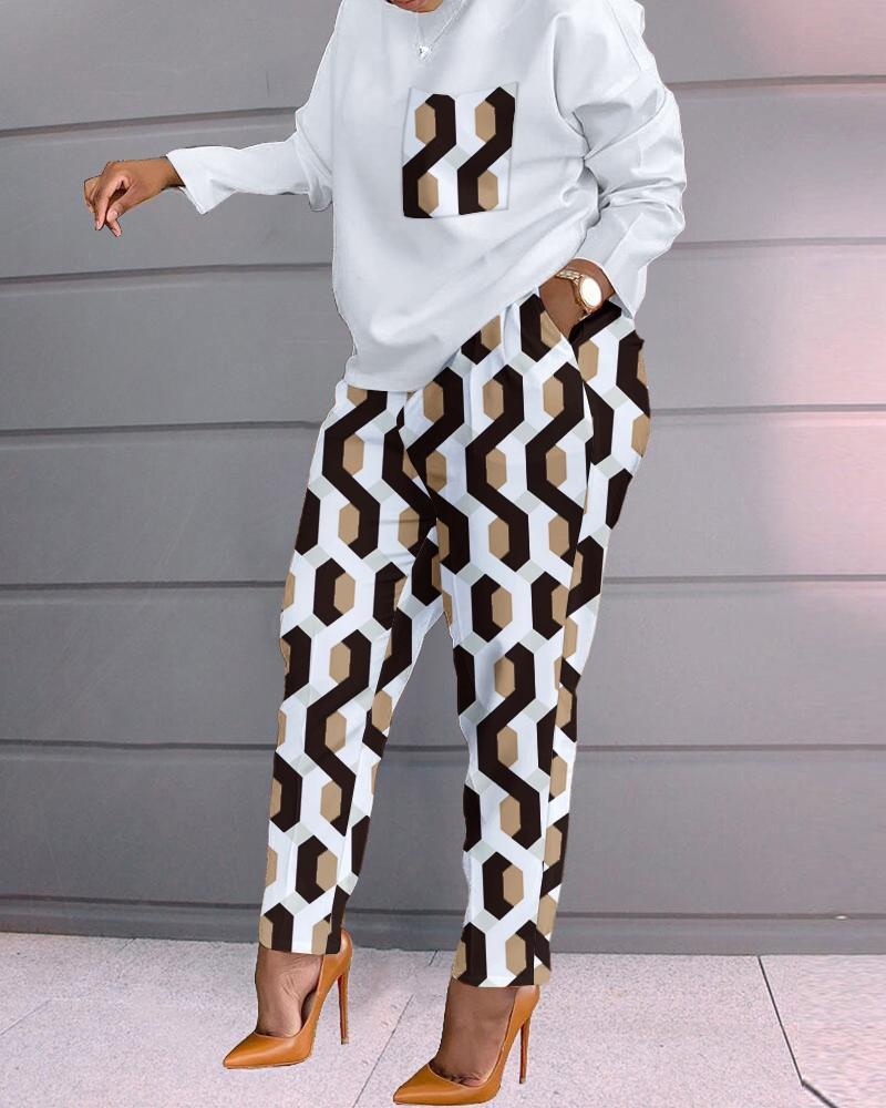 

Geometric Print Long Sleeve Top & Pants Set, Multicolor