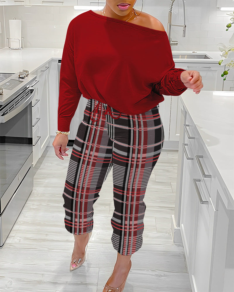

Skew Neck Top & Plaid Print Drawstring Pants Set, Red