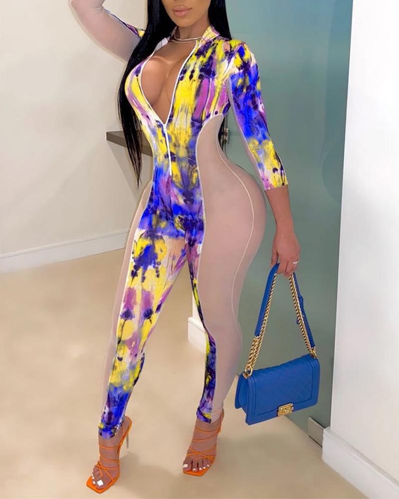 

Tie Dye Long Sleeve Skinny See-through Jumpsuits, Yellow