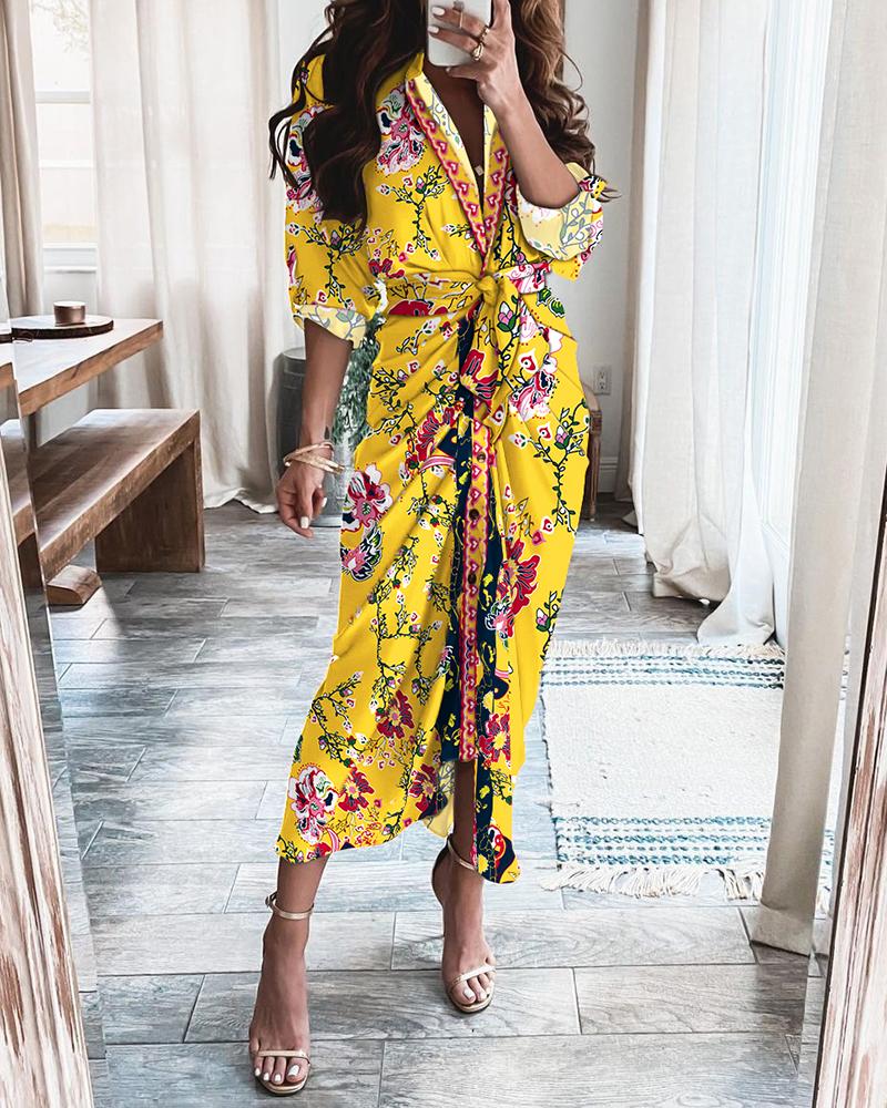 

Floral Print Buttoned Shirt Dress, Multicolor