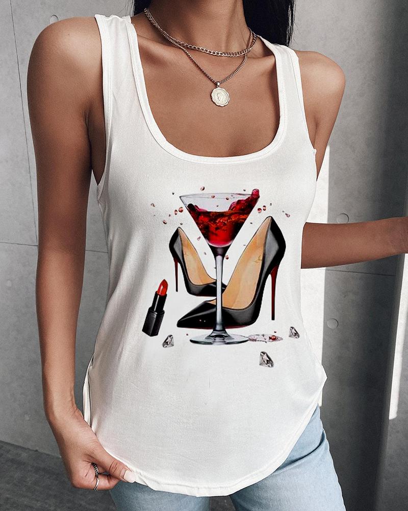 

Graphic Print U Neck Casual Top, White