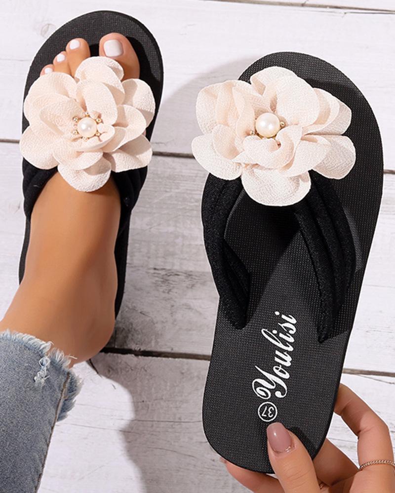 

Floral Pattern Beach Platform Flip Flops, Beige