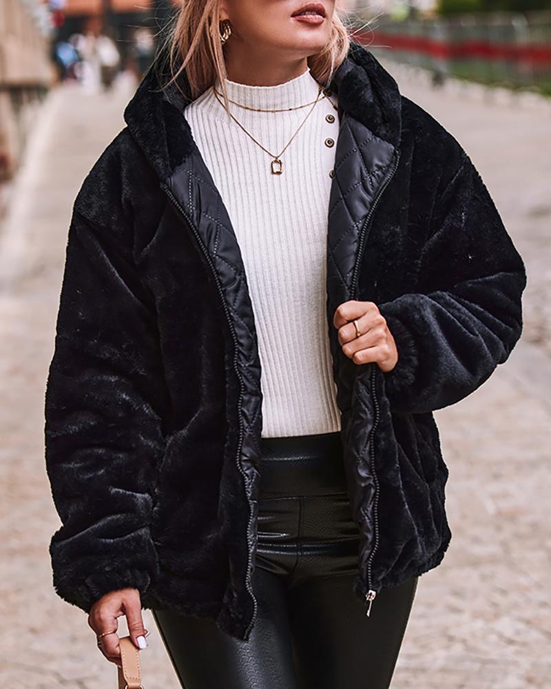 

Long Sleeve Faux Fur Hooded Fuzzy Coat, Black