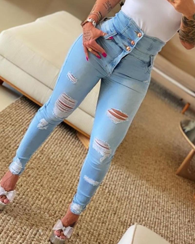 

High Waist Buttoned Cutout Ripped Skinny Jeans, Blue