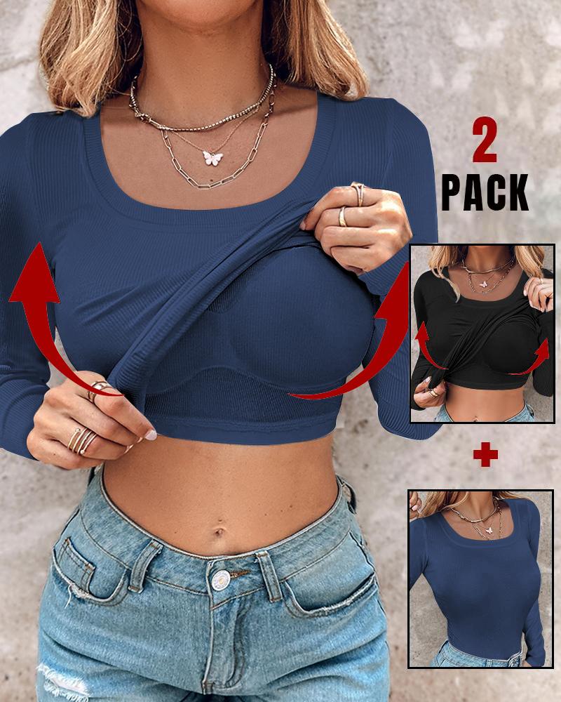 

Débardeur athlétique à manches longues et col en U avec soutien-gorge intégré ChicMe, 2 pièces, design côtelé, haut décontracté, Style4