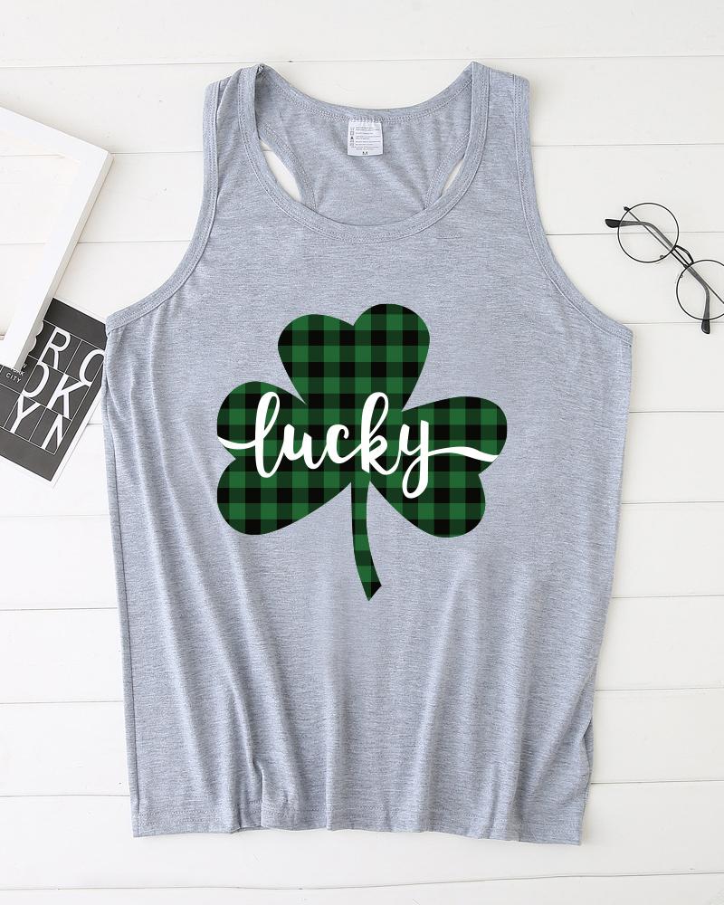 

Letter & Plaid Clover Print T-Back Tank Women Top, Gray