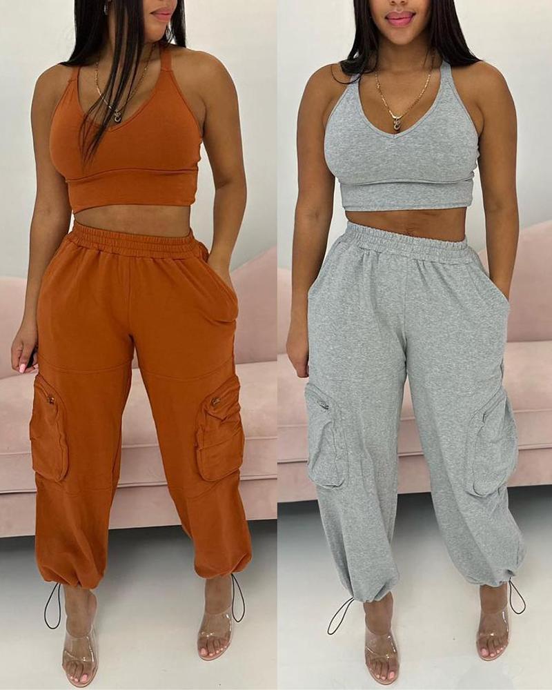 

Tank Top & Cuffed Pocket Design Pants Set, Gray