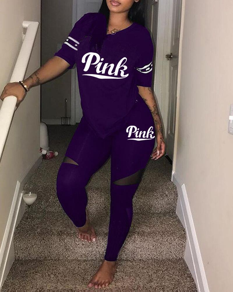 

Letter Print Short Sleeve T-shirt & Sheer Mesh Pants Set, Purple