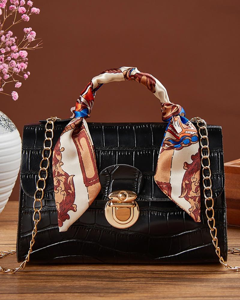 

Scarf Decor Crocodile Shoulder Bag, Black