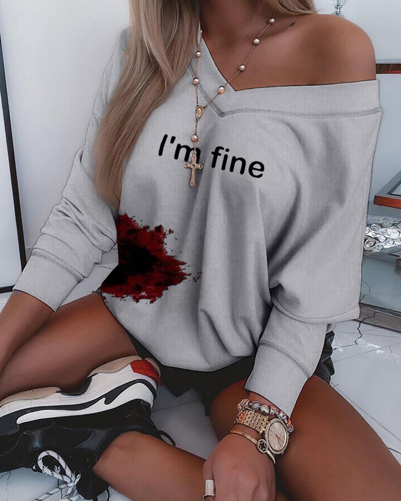 

Halloween Letter Blood Print Long Sleeve Casual Top, Gray
