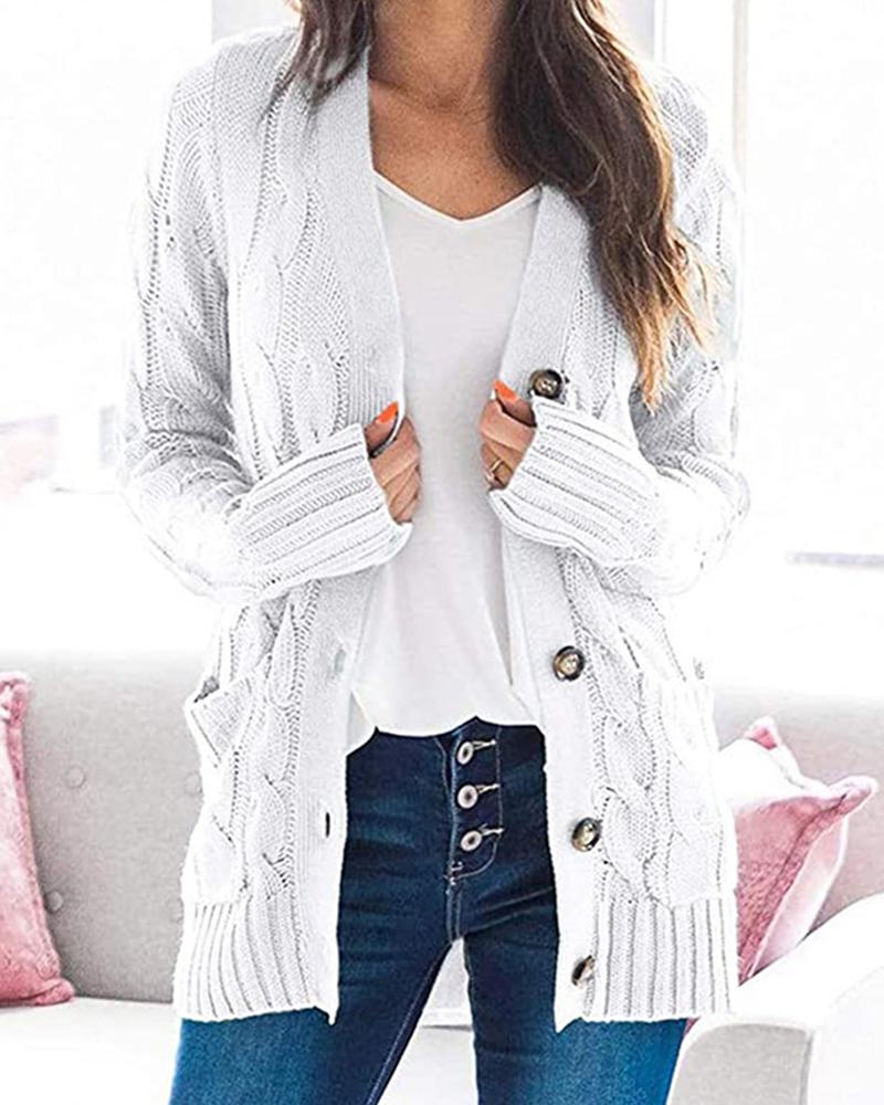 

Long Sleeve Button Front Cable Knit Cardigan, White