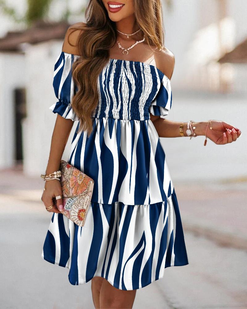 

Zebra Stripe Print Off Shoulder Shirred Swing Dress, Blue