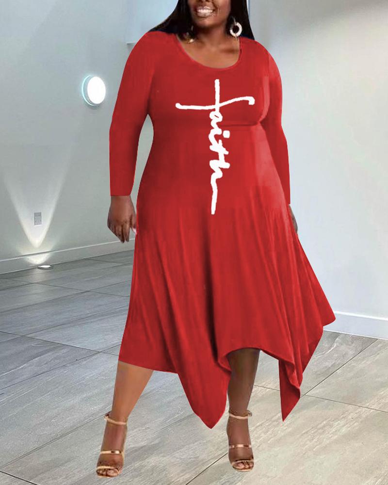 

Plus Size Letter Print Asymmetrical Hem Casual Dress, Red