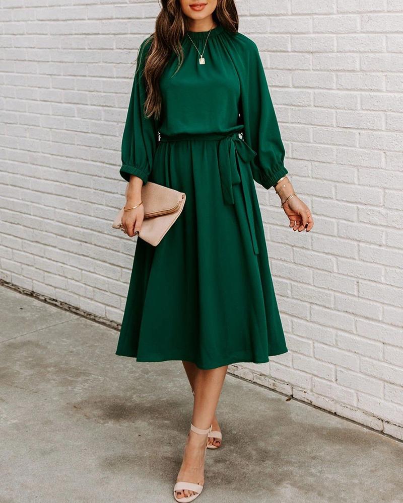 

Lantern Sleeve O Neck Casual Dress With Belt, Green