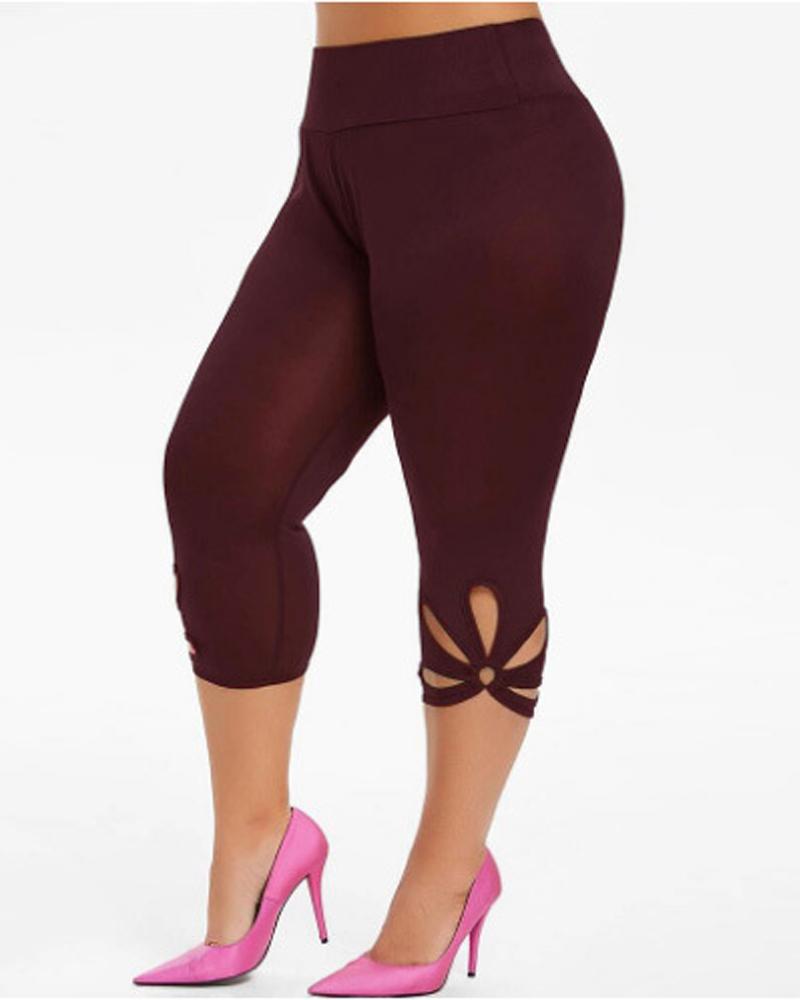 

Plus Size Hollow Out Casual Capris Pants, Wine red