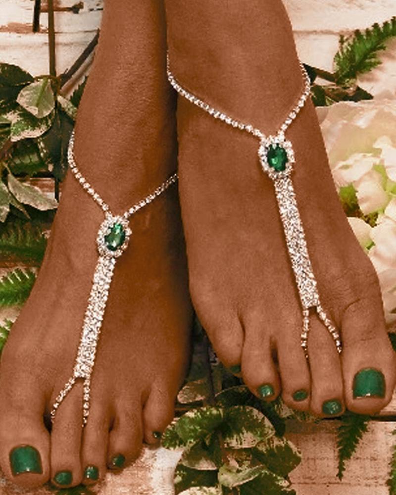 

2pcs Crystal Stone Rhinestone Fashion Jewelry Toe Ring Beach Anklets Set, Green